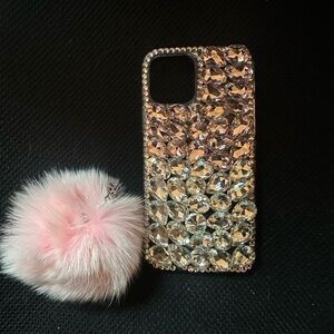 Bling Diamond Case w/plush ball for IPhone 12 Pro, Pink and Clear
